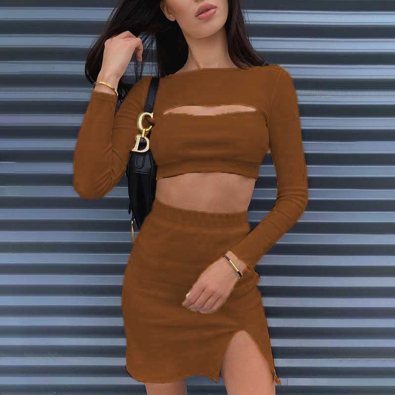 Dame To-delt Sæt med skulderfrit Crop-Top og Bodycon Nederdel med Slids Stilla
