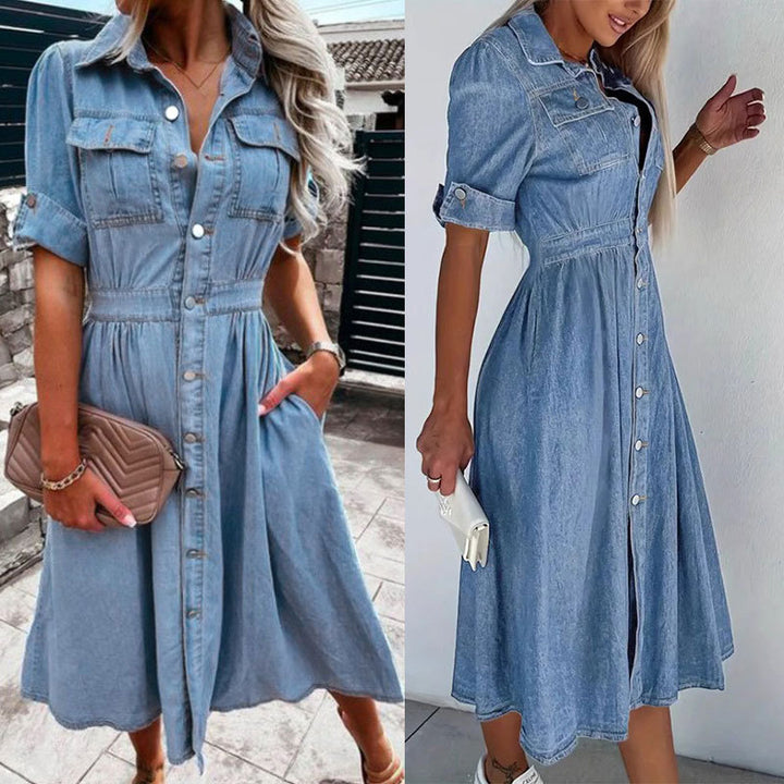 Dame Button-Up Denim Skjorte Kjole Stilla