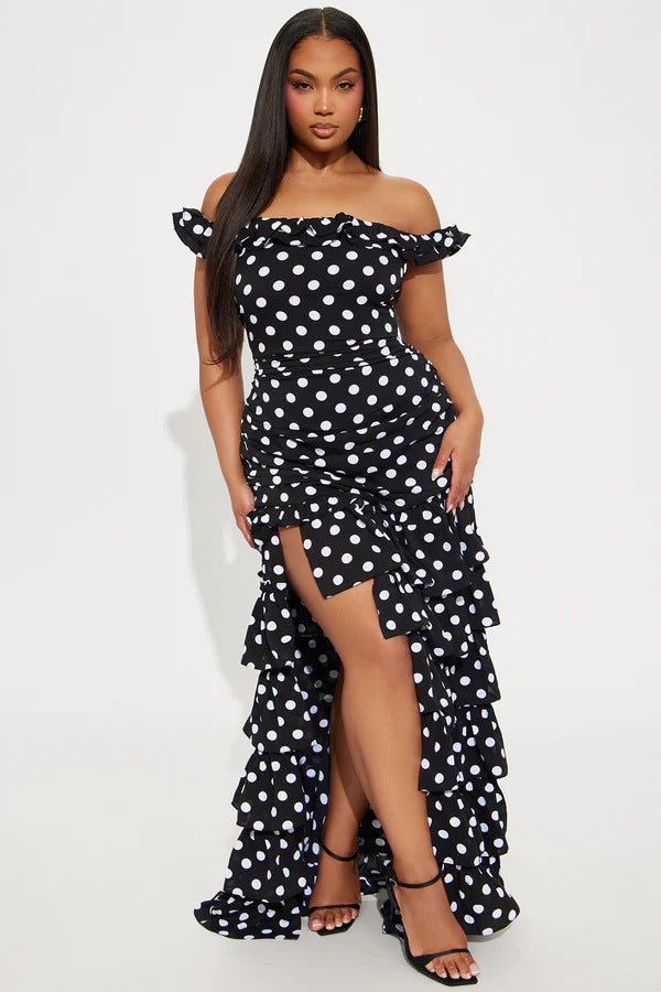 Dame Off-Shoulder Maxikjole med flæser og spændende slids Skovae