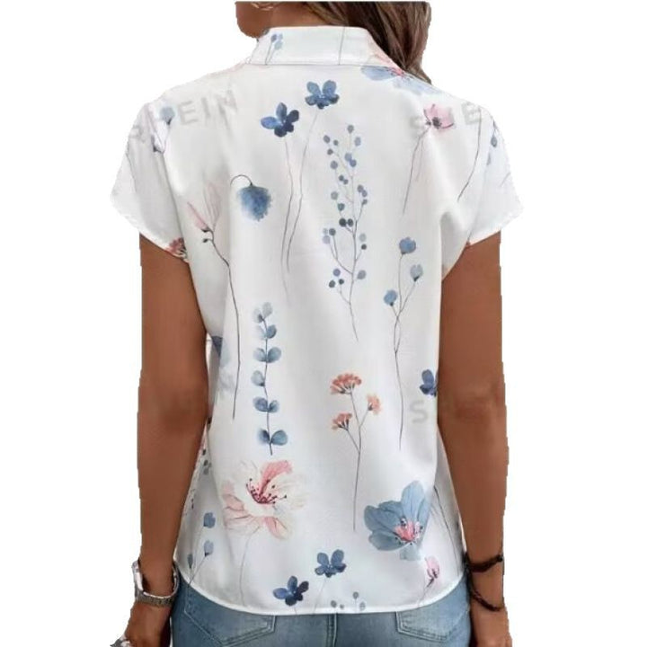 Dame Floral Print Kortærmet Bluse med Knapliste