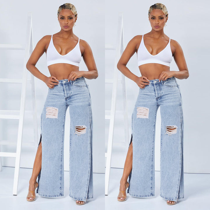 Dame bred jeans med moderigtige revnedetaljer og sidelæg Stilla