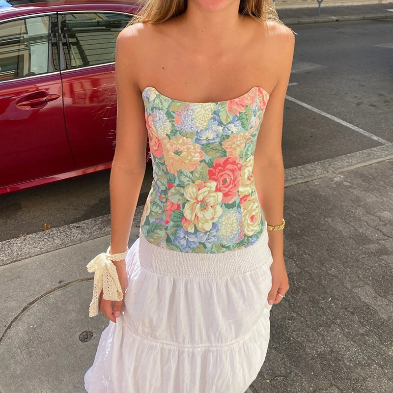 Dame Blomster Mønster Off-Shoulder Bustier Top Stilla