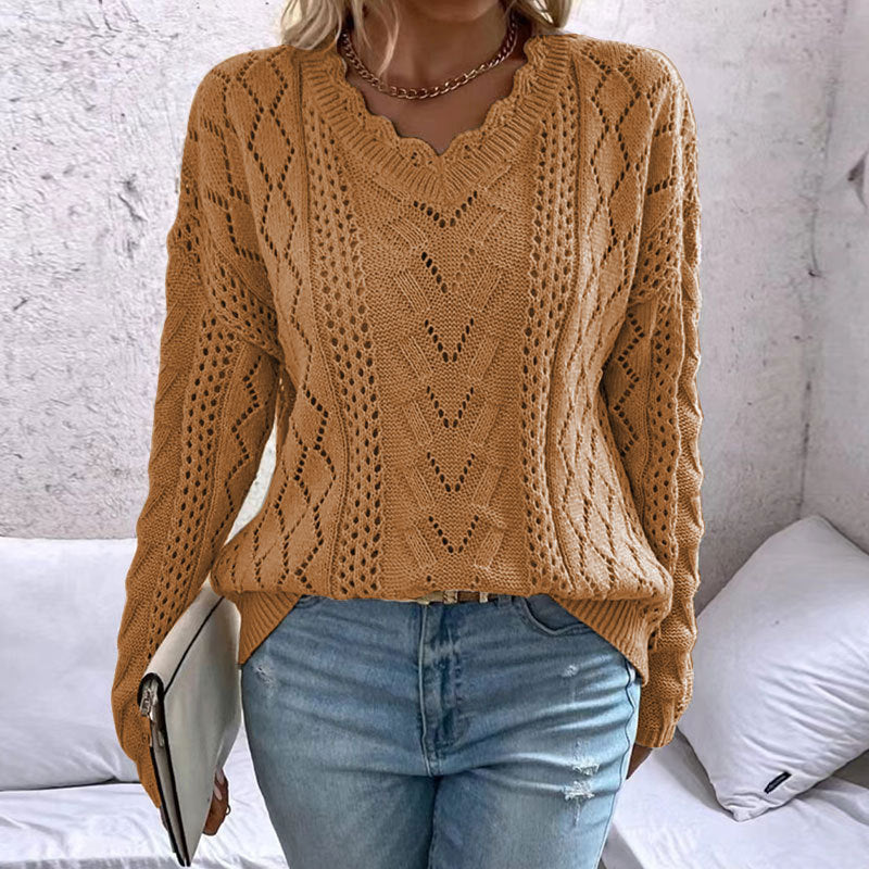 Dame strikket pullover med raffinerede mesh strukturer og V-hals Stilla