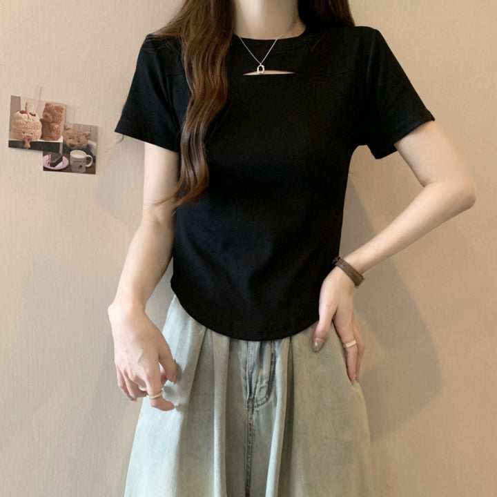 Femme Korte ærmer Rib T-shirt med stilfuld udskæring-detalje Stilla