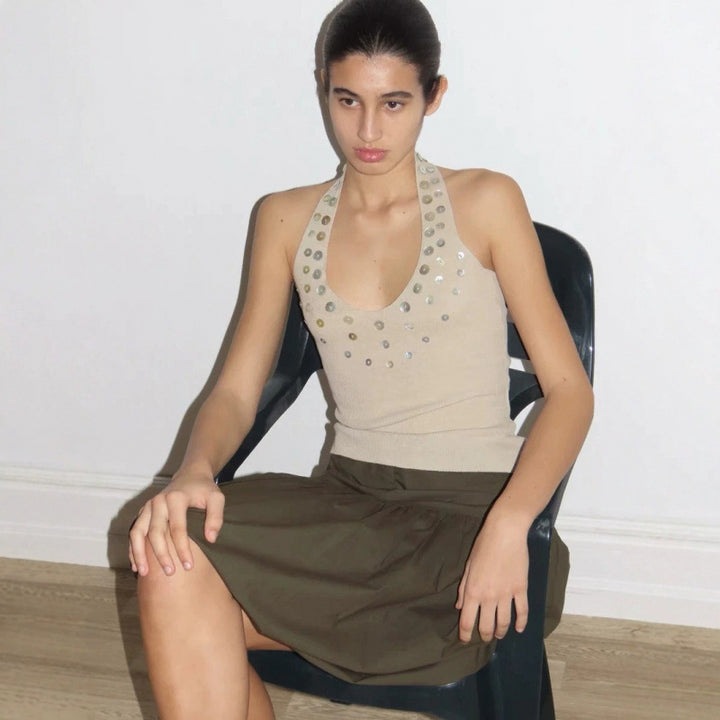 Dame Halterneck glitrende Paillet-top Stilla
