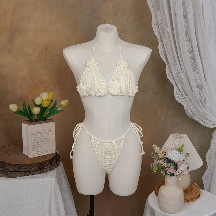 Dame hækle-bikini med legende blomsterdesign og justerbare bånd Skovae