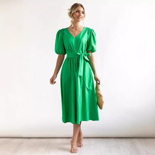 Dame Elegant V-hals Midi Kjole med Puffærmer og Talje Bælte Stilla