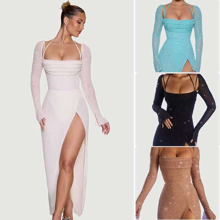 Damer Glamour maxi kjole med glansfulde detaljer og side split Skovae