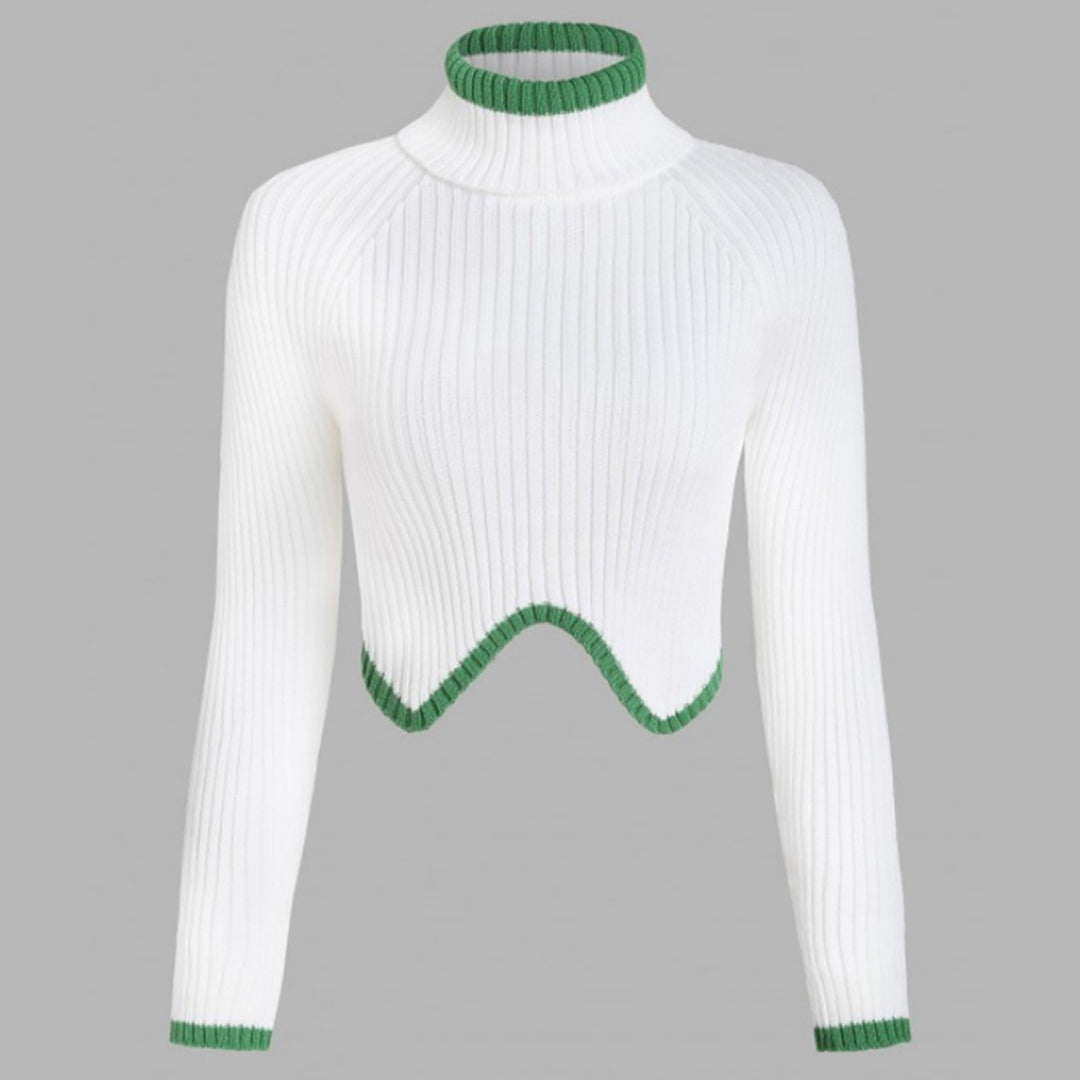 Dame cropped strikpullover med høj krave og kontrastkant Stilla