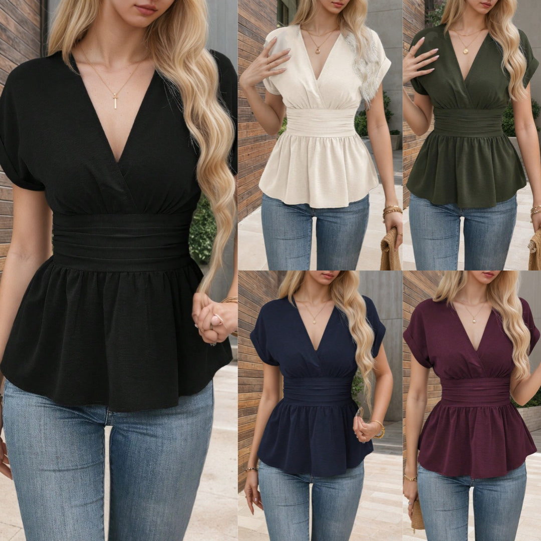 Dame indpakningsbluse med taljering og elegante puffærmer Stilla