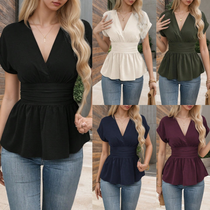 Dame indpakningsbluse med taljering og elegante puffærmer Stilla