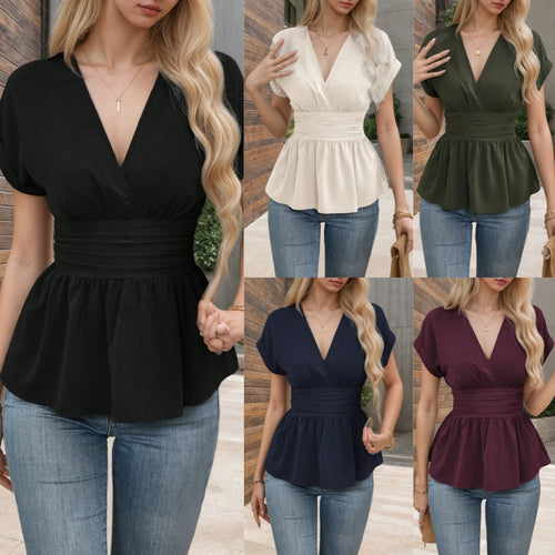 Dame indpakningsbluse med taljering og elegante puffærmer Stilla