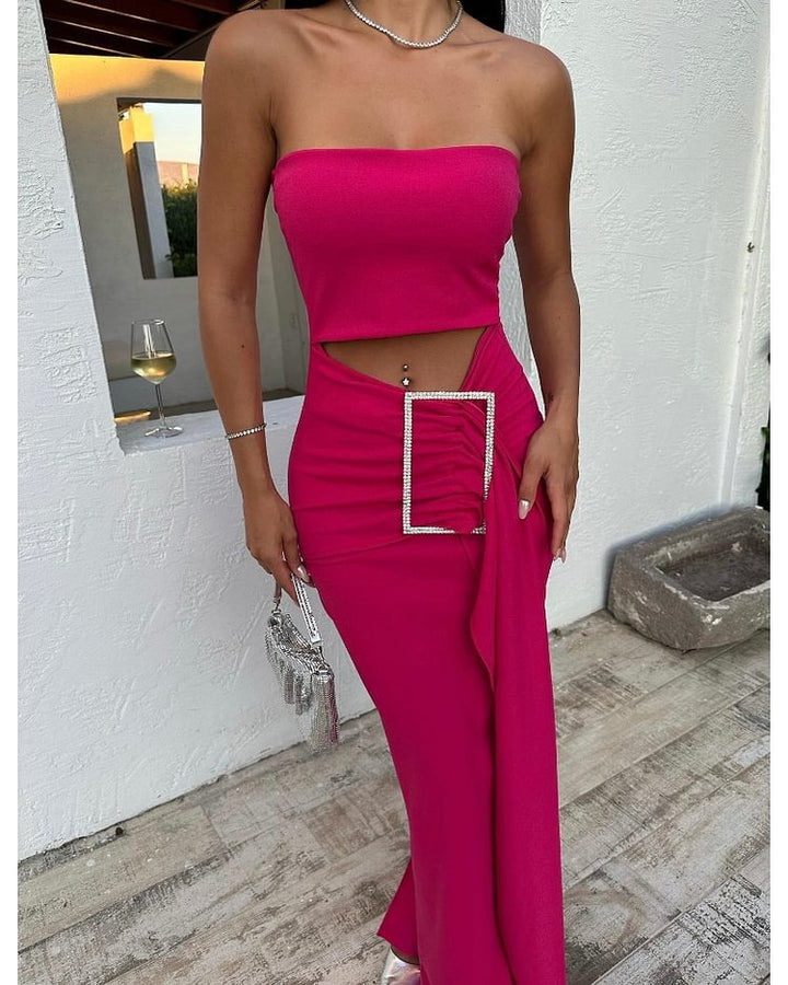 Kvinders maxikjole med off-shoulder top og elegant slids Skovae