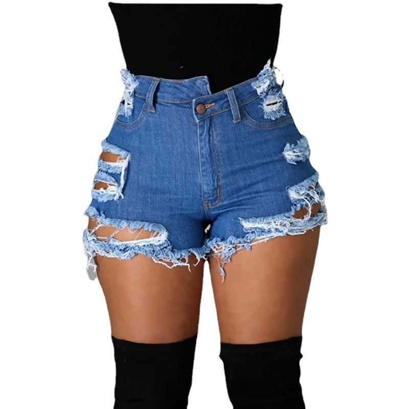 Dame Destroyed Denim Shorts med trendy frynse look Stilla