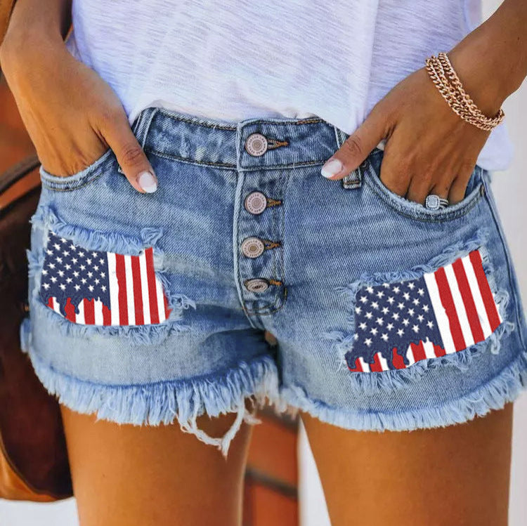 Dame Jeans-shorts med farverige patcher Stilla