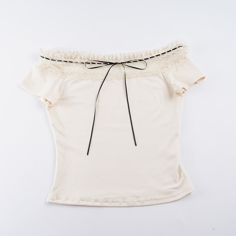 Damen Off-Shoulder Oberteil mit Spitzenverzierungen und taillierter Passform Skovae