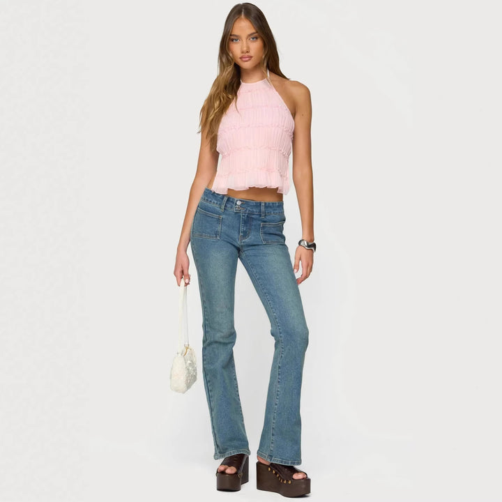 Dame Elegant Top med plisserede detaljer og sidelange cut-outs Skovae