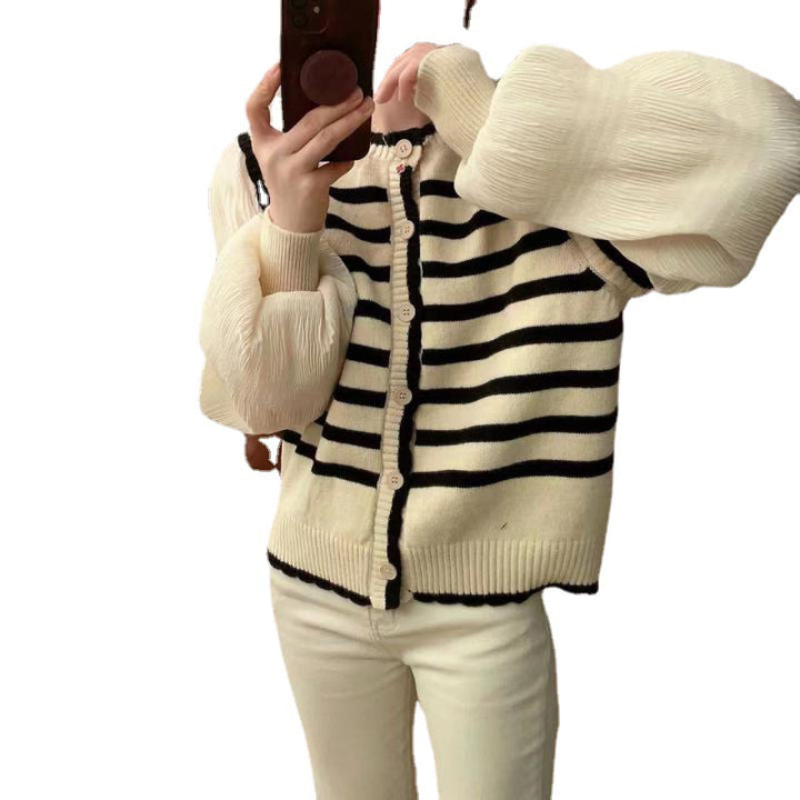 Femme Stribet Tekstureret Strik cardigan med Puffærmer Stilla