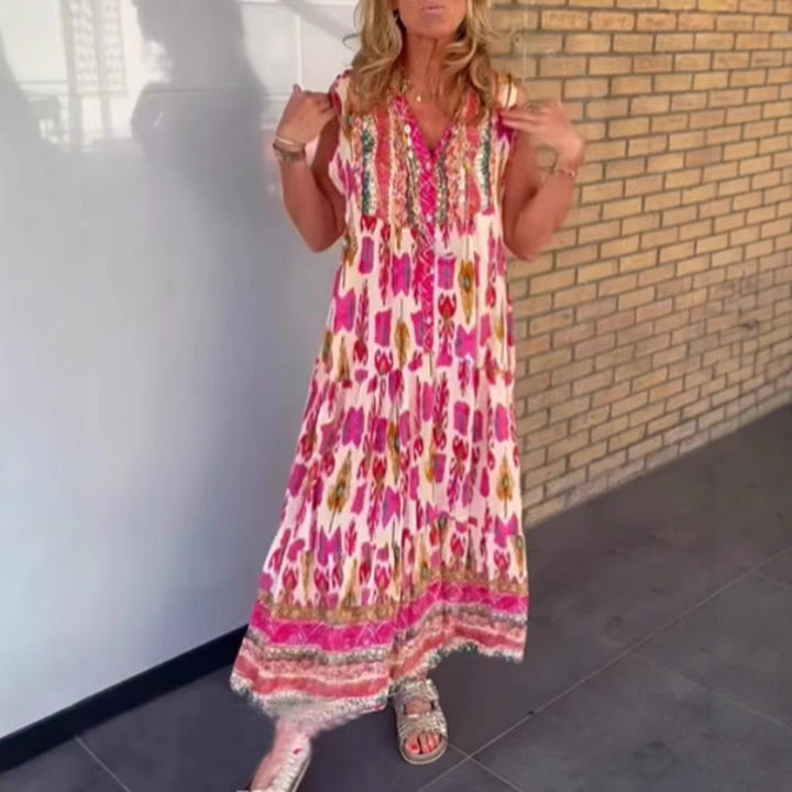 Dame Maxikjole med farverigt mønster og elegant broderi Stilla