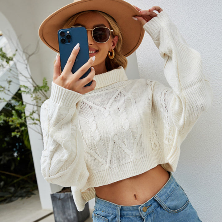Dame Cropped Strikpullover med elegant fletmønster og høje krave Stilla