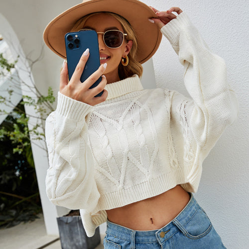 Dame Cropped Strikpullover med elegant fletmønster og høje krave Stilla