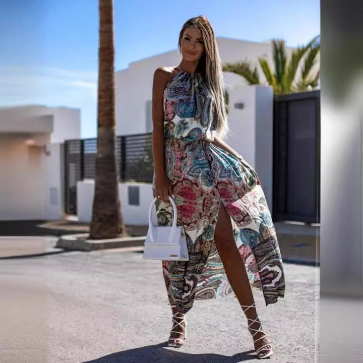 Dame Halterneck Maxi Kjole med elegant ridsedetalje Stilla
