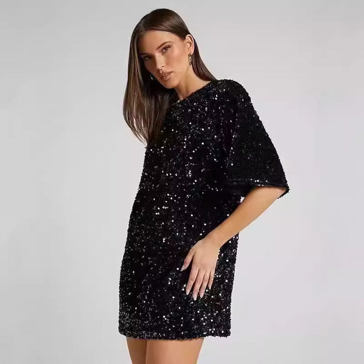 Dame Glamourøs Minikjole med glitrende pailletter og oversized ærmer Stilla