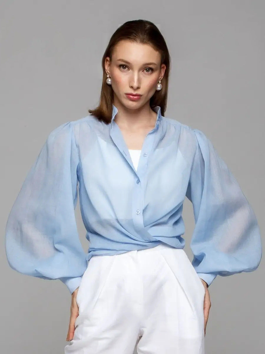 Damer Elegant Bluse med voluminøse Puffærmer og gennemsigtigt Stof Stilla