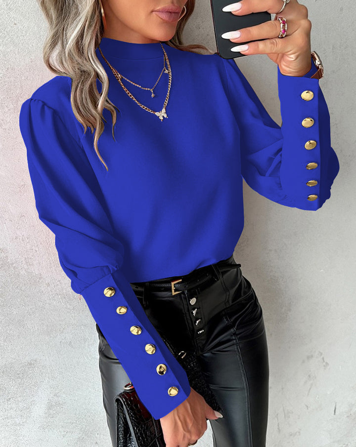 Damer Elegant Bluse med quiltet ståkrave og gyldne knapper Stilla