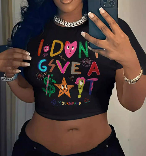 Dame Crop-T-Shirt med kreativt udtryksdesign Skovae