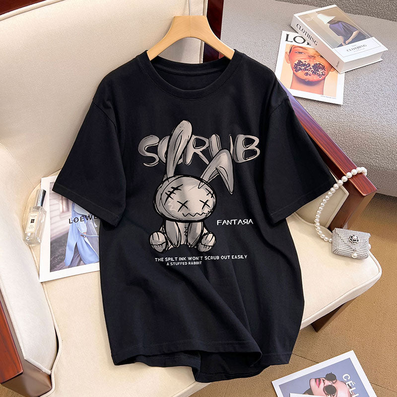 Dame T-shirt med kreativt kaninmotiv og afslappet skrift Stilla