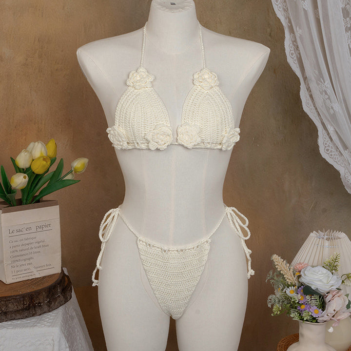 Dame Elegant Hæklet Bikini Sæt med blomsterapplikationer Skovae