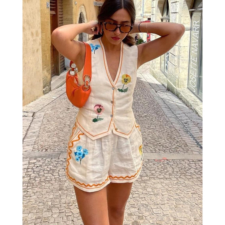Dame elegant blazer- og shorts-sæt med florale broderier Stiila