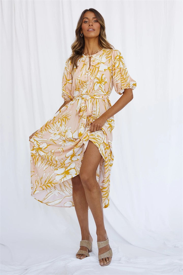 Femme Elegante Floral Midi Kjole med Bælte Talje Stilla
