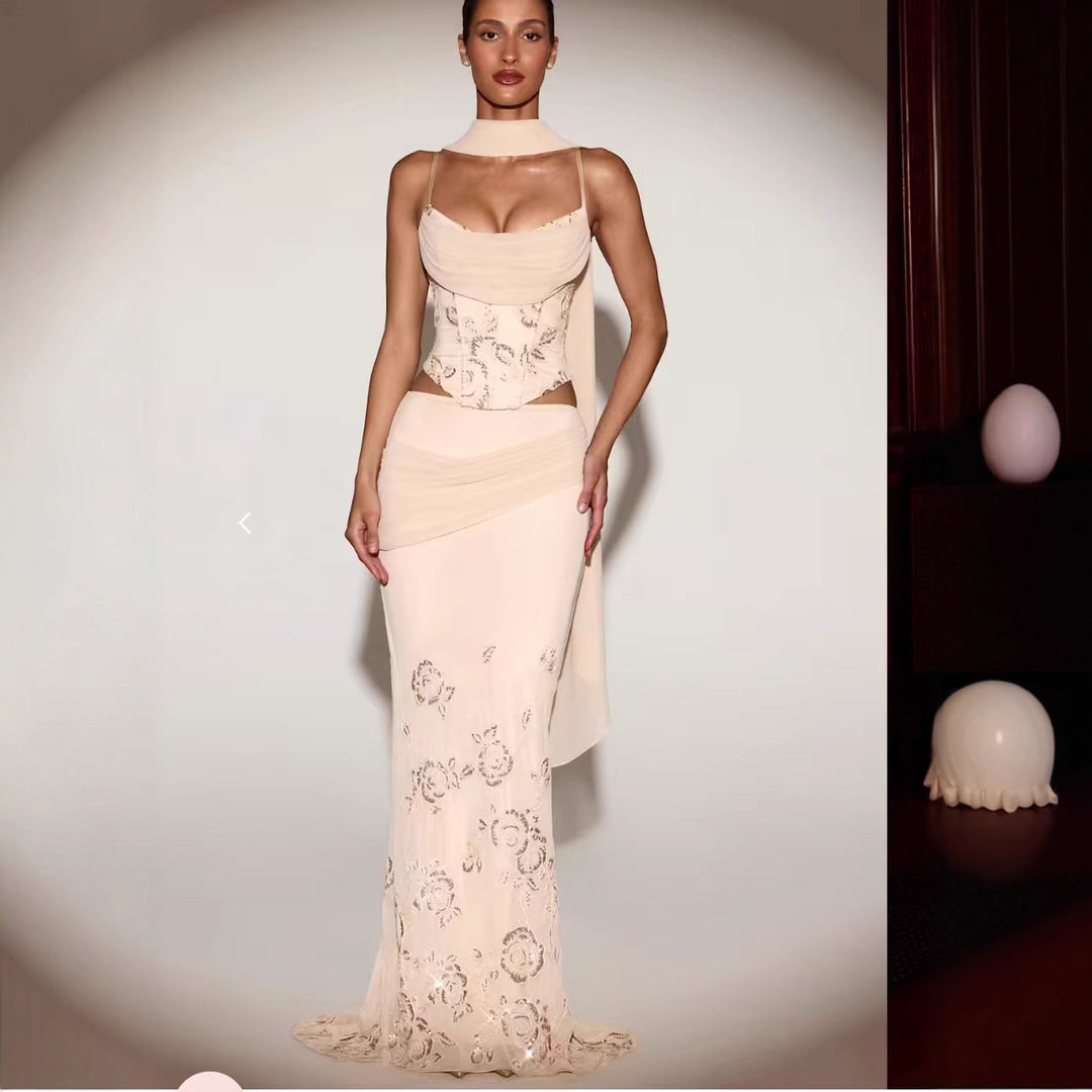 Dame Korset Kjole med Blomsterdesign og Elegant Flippende Nederdel Skovae