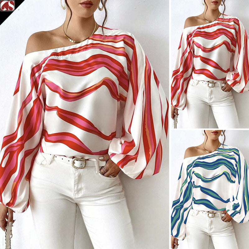 Dame Off-Shoulder Bluse med kunstnerisk mønster og voluminøse ærmer Skovae