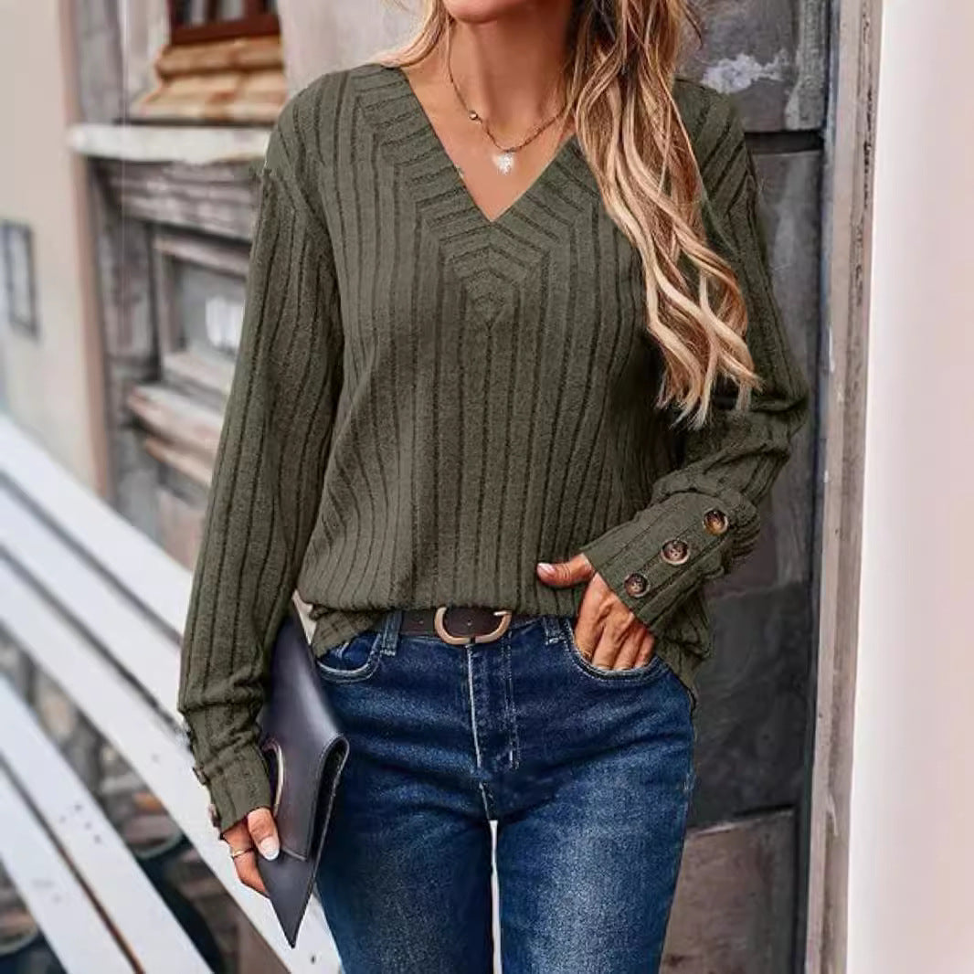 Dame strikpullover med V-hals og moderne ribstruktur Stilla