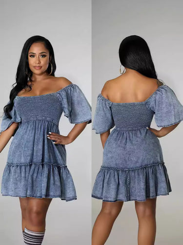 Dame Denim Kjole med luftige Rynke detaljer og elastisk Overdel Stilla