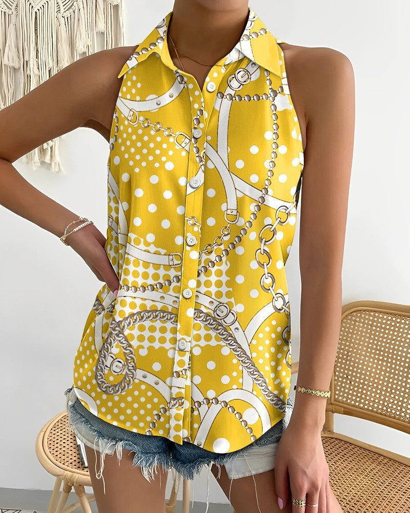 Damebluse med blomsterdesign og krageløs knapstolpe Stilla