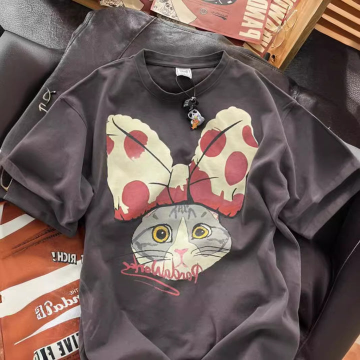 Dame T-shirt med legende kattemotiv og vidunderligt sløjfedesign Stilla