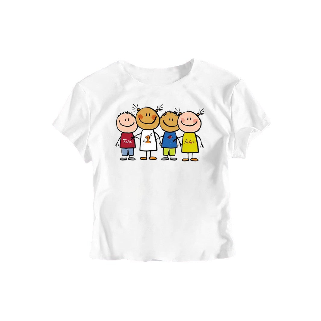 Dame Crop-T-Shirt med kreativt børnetegning mønster Skovae