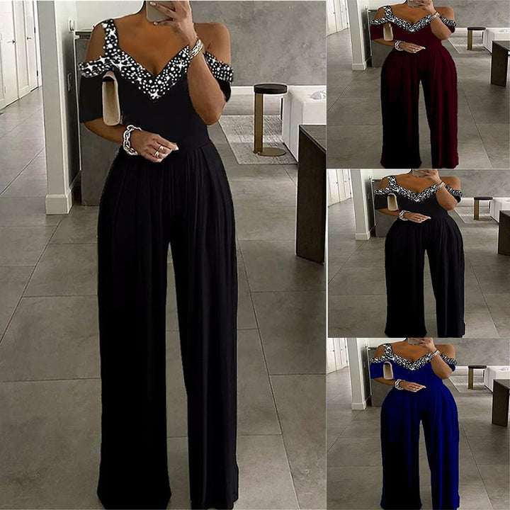 Dame Elegant Jumpsuit med dyb V-udskæring og flæseærmer Stilla