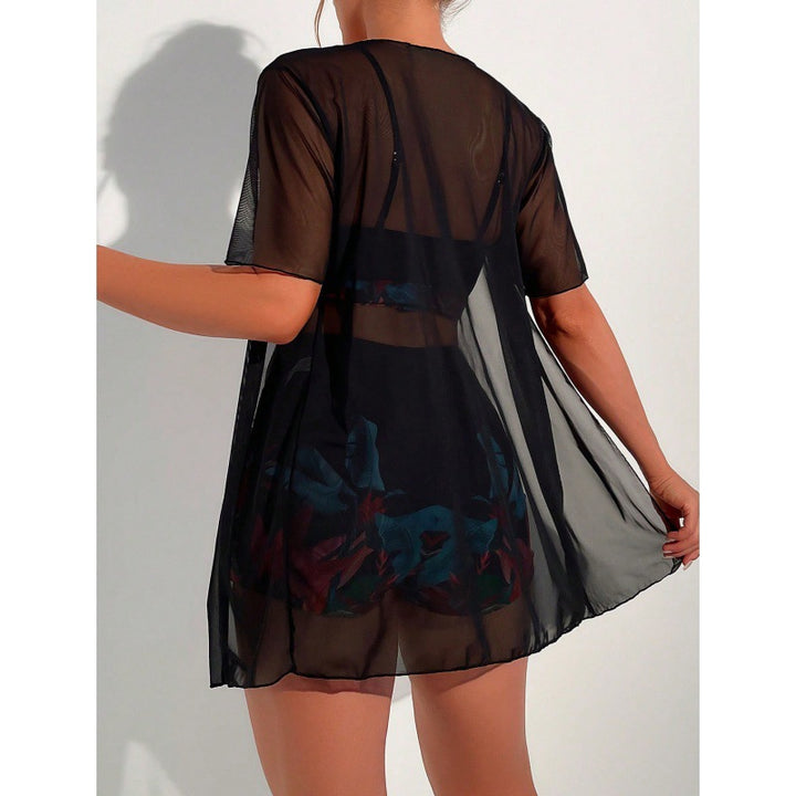 Dame badedragt sæt med gennemsigtig kimono jakke og moderigtig blomsterdesign Stilla