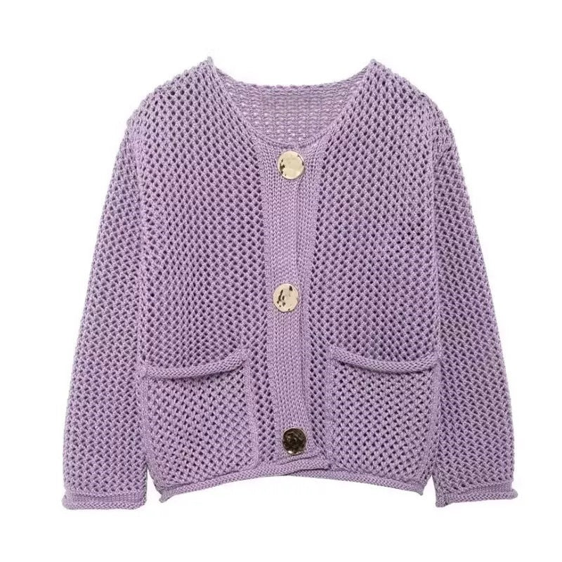 Dame mesh strik cardigan med praktiske lommer og dekorative knapper Stilla
