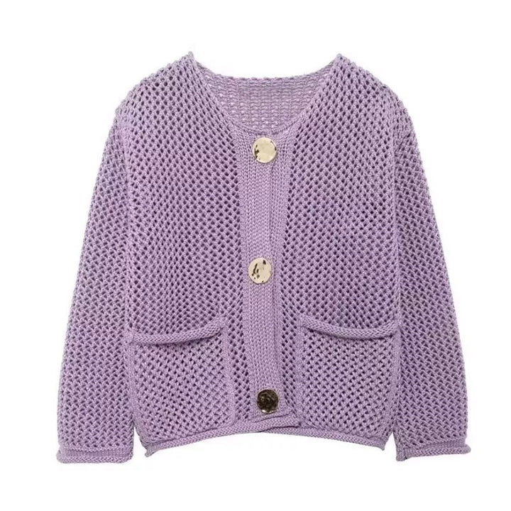Dame mesh strik cardigan med praktiske lommer og dekorative knapper Stilla