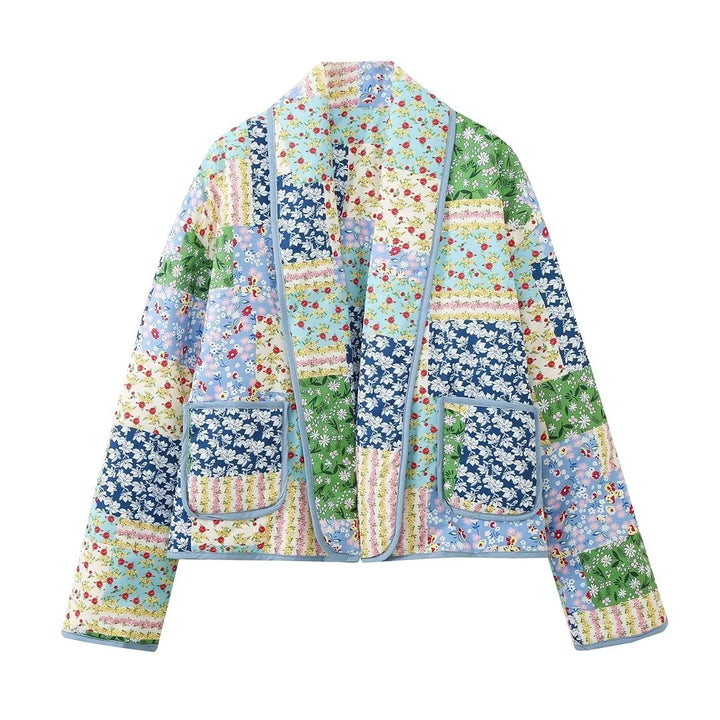 Dame Patchwork-jakke med blomsterprint og praktiske lommer Stilla