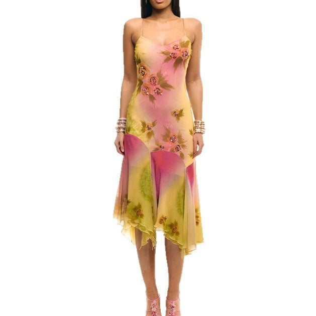 Dame Elegant Maxikjole med blomsterapplikationer og asymmetrisk kant Skovae