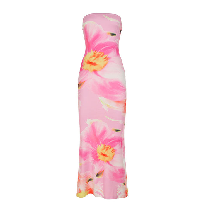 Damer elegant Maxi-kjole med asymmetrisk snit og floralt designelement Skovae