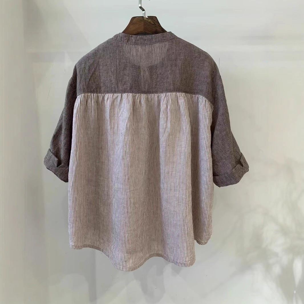 Dame stribet linned blouse med løs pasform og halvlange ærmer Stilla