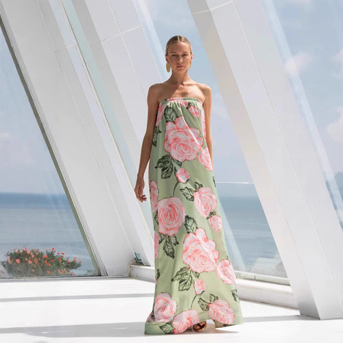 Damer Elegant Maxikjole med blomsterdesign og elastisk overdel Skovae